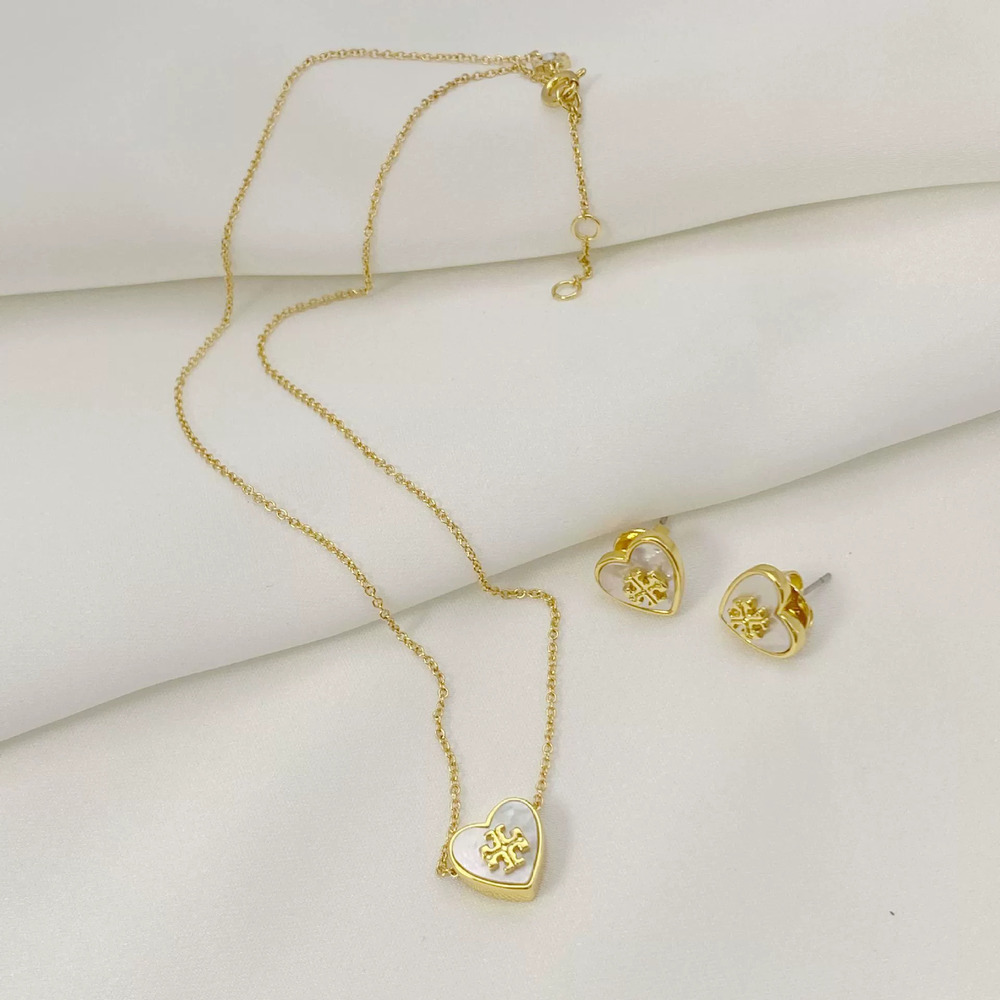 Tory Burch Gold Plated Heart Necklace Earring Set Double Enamel